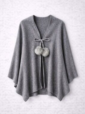 Marc New York Gray & Black Cape with Faux Fur Pompoms One Size